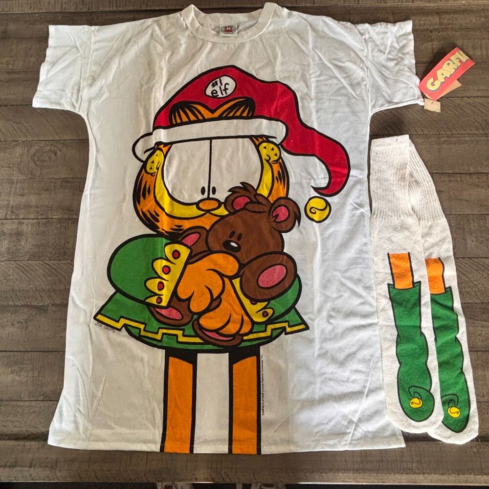 NWT Vintage 90s Garfield Christmas Elf Pookie Sleep Shirt OSFA  Matching Socks